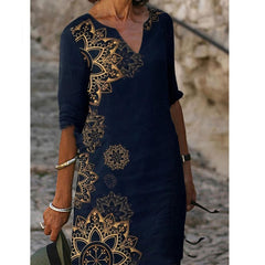 Half Sleeved V Neck Printed Loose Dress Women's Fashion Casual Vintage Spring Autumn All-match Plus Size Beach Dresses Vestidos
