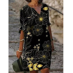 Half Sleeved V Neck Printed Loose Dress Women's Fashion Casual Vintage Spring Autumn All-match Plus Size Beach Dresses Vestidos