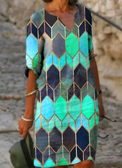 Half Sleeved V Neck Printed Loose Dress Women's Fashion Casual Vintage Spring Autumn All-match Plus Size Beach Dresses Vestidos