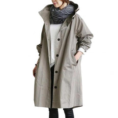 Women Autumn Solid Color Pocket Hooded Windbreaker Long Trench Coat Outerwear Women's clothing