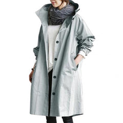 Women Autumn Solid Color Pocket Hooded Windbreaker Long Trench Coat Outerwear Women's clothing
