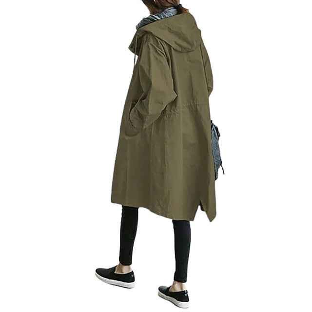 Women Autumn Solid Color Pocket Hooded Windbreaker Long Trench Coat Outerwear Women's clothing