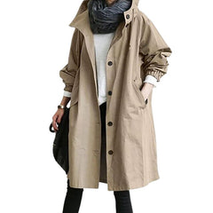 Women Autumn Solid Color Pocket Hooded Windbreaker Long Trench Coat Outerwear Women's clothing