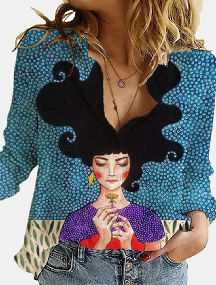 3D Digital Portrait Letter Printing Casual Women's Blouse Spring Autumn New Loose Button Cardigan Long Sleeve Ladies Shirt