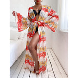 Beach Dress Bikini Cover Up Print Bathing Suit Women Kimono Plus Size Tunic Sexy Long Sleeve Swimwear Cover-Ups