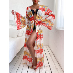Beach Dress Bikini Cover Up Print Bathing Suit Women Kimono Plus Size Tunic Sexy Long Sleeve Swimwear Cover-Ups