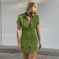 Sexy Mini Slim Dress Women Green Club Party Dress Turn-Down Collar Button Short Dresses Female Elegant Streetwear Shirt Vestidos