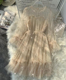 New Female O-neck Stars Sequined Mesh Shiny Fairy Dress Women Elegant Bling Gauze Princess Puff Dresses Vestidos De Fiesta