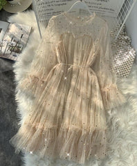 New Female O-neck Stars Sequined Mesh Shiny Fairy Dress Women Elegant Bling Gauze Princess Puff Dresses Vestidos De Fiesta