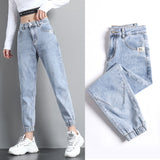 High waisted jeans women spring new loose tight fitting waist leggings feet thin nine points harem pants ins net red trend