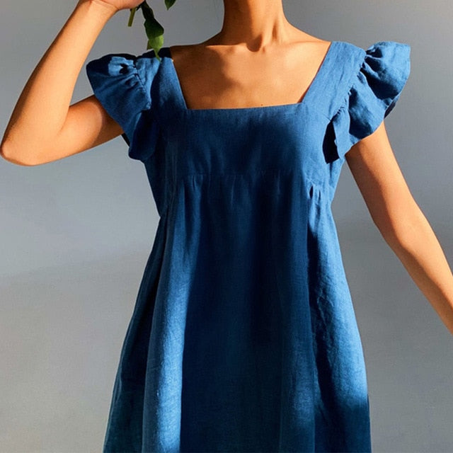 Muiches Casual Square Collar Butterfly Sleeve Mini Sweet Dress Woman Backless High Waist Loose Linen Solid Dress Summer