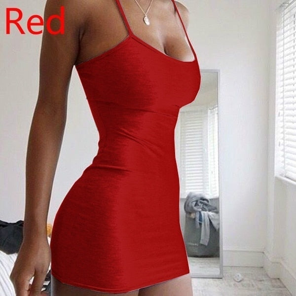 Pbong Spaghetti Strap Camisole Mini Dress Women Plus Size Bodycon Vestidos Summer Sexy Low Cut Sleeveless Solid Color Party Club Dress