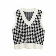 Fashion Women Knitted Vest Pullovers V Neck Sleeveless Houndstooth Knitted Jumper Pullovers Korean Loose Plaid Sweater Vest
