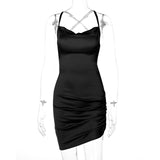 Satin Women Strap Mini Dress Ruched Lace Up Cross Bandage Backless Bodycon Sexy Party Elegant Club Christmas Slim