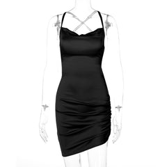 Satin Women Strap Mini Dress Ruched Lace Up Cross Bandage Backless Bodycon Sexy Party Elegant Club Christmas Slim
