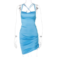 Satin Women Strap Mini Dress Ruched Lace Up Cross Bandage Backless Bodycon Sexy Party Elegant Club Christmas Slim