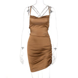 Satin Women Strap Mini Dress Ruched Lace Up Cross Bandage Backless Bodycon Sexy Party Elegant Club Christmas Slim