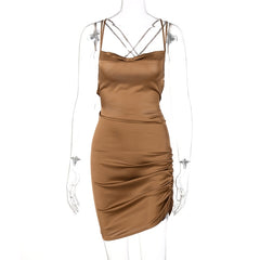 Satin Women Strap Mini Dress Ruched Lace Up Cross Bandage Backless Bodycon Sexy Party Elegant Club Christmas Slim