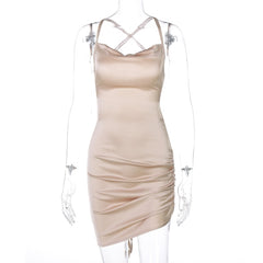 Satin Women Strap Mini Dress Ruched Lace Up Cross Bandage Backless Bodycon Sexy Party Elegant Club Christmas Slim