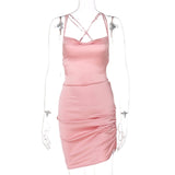 Satin Women Strap Mini Dress Ruched Lace Up Cross Bandage Backless Bodycon Sexy Party Elegant Club Christmas Slim