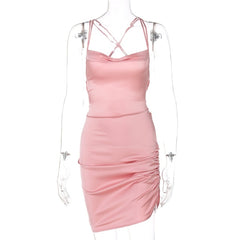 Satin Women Strap Mini Dress Ruched Lace Up Cross Bandage Backless Bodycon Sexy Party Elegant Club Christmas Slim