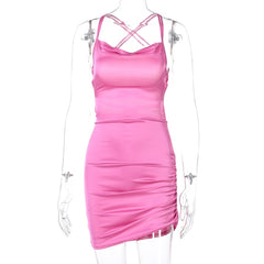 Satin Women Strap Mini Dress Ruched Lace Up Cross Bandage Backless Bodycon Sexy Party Elegant Club Christmas Slim