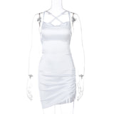 Satin Women Strap Mini Dress Ruched Lace Up Cross Bandage Backless Bodycon Sexy Party Elegant Club Christmas Slim