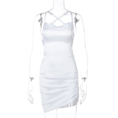 Satin Women Strap Mini Dress Ruched Lace Up Cross Bandage Backless Bodycon Sexy Party Elegant Club Christmas Slim