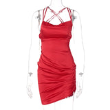 Satin Women Strap Mini Dress Ruched Lace Up Cross Bandage Backless Bodycon Sexy Party Elegant Club Christmas Slim