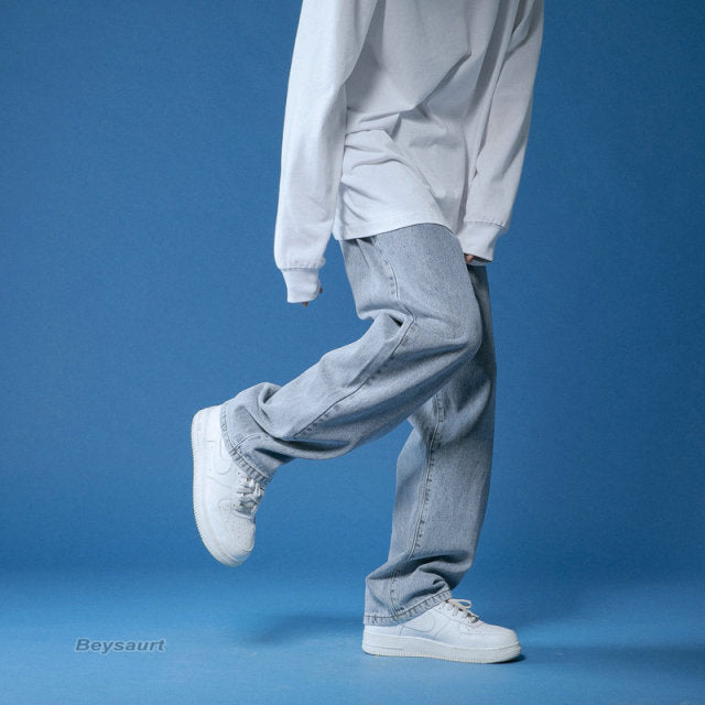 Spring Wide-leg Jeans Men's Fashion Casual Korean Jeans Men Streetwear Loose Hip-hop Straight Denim Trousers Mens M-2XL