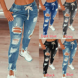 Drawstring Denim Jeans Women Ripped Hole Stretch Jean Sexy  Slim High Waist Ladies Plus Size Full Length Pencil Pants