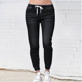 Drawstring Denim Jeans Women Ripped Hole Stretch Jean Sexy  Slim High Waist Ladies Plus Size Full Length Pencil Pants