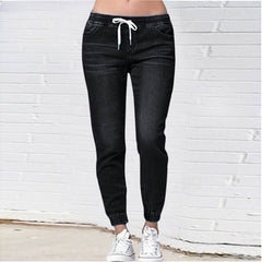 Drawstring Denim Jeans Women Ripped Hole Stretch Jean Sexy  Slim High Waist Ladies Plus Size Full Length Pencil Pants