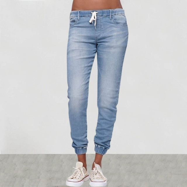 Drawstring Denim Jeans Women Ripped Hole Stretch Jean Sexy  Slim High Waist Ladies Plus Size Full Length Pencil Pants