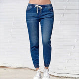 Drawstring Denim Jeans Women Ripped Hole Stretch Jean Sexy  Slim High Waist Ladies Plus Size Full Length Pencil Pants