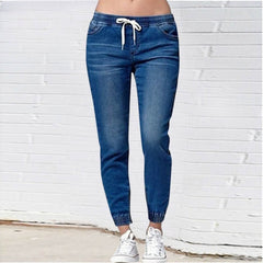Drawstring Denim Jeans Women Ripped Hole Stretch Jean Sexy  Slim High Waist Ladies Plus Size Full Length Pencil Pants