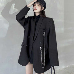 New Suit Jacket Women's Trendy Dark Black  Retro Loose And Thin Fried Street Suit Jacket Women Spring And Autumn Loose A