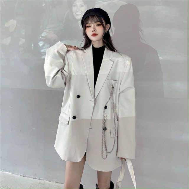 New Suit Jacket Women's Trendy Dark Black  Retro Loose And Thin Fried Street Suit Jacket Women Spring And Autumn Loose A