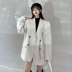 New Suit Jacket Women's Trendy Dark Black  Retro Loose And Thin Fried Street Suit Jacket Women Spring And Autumn Loose A