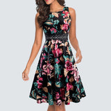 Women Vintage Casual Round Neck A line Summer Elegant Floral Lace Patchwork Sleeveless Tunic Party Swing Dress HA079