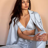 Fashion Solid Color Satin Robe Set With Bra Sexy Pajamas Set Female Home Suit For Women Pajama Spring Long Sleeve Sleepwear