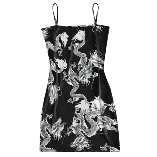New Summer Women Dragon Pattern Sleeveless Split Hip Slender Slim Fit Sexy Print Dress  motel rocks