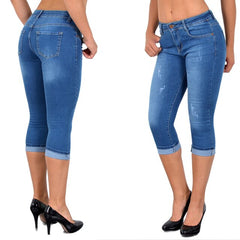 Fashion Summer Women High Waist Skinny Jeans Knee Length Hole Ripped Denim Capri Slim Streetwear Stretch Casual Pants