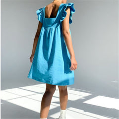 Muiches Casual Square Collar Butterfly Sleeve Mini Sweet Dress Woman Backless High Waist Loose Linen Solid Dress Summer