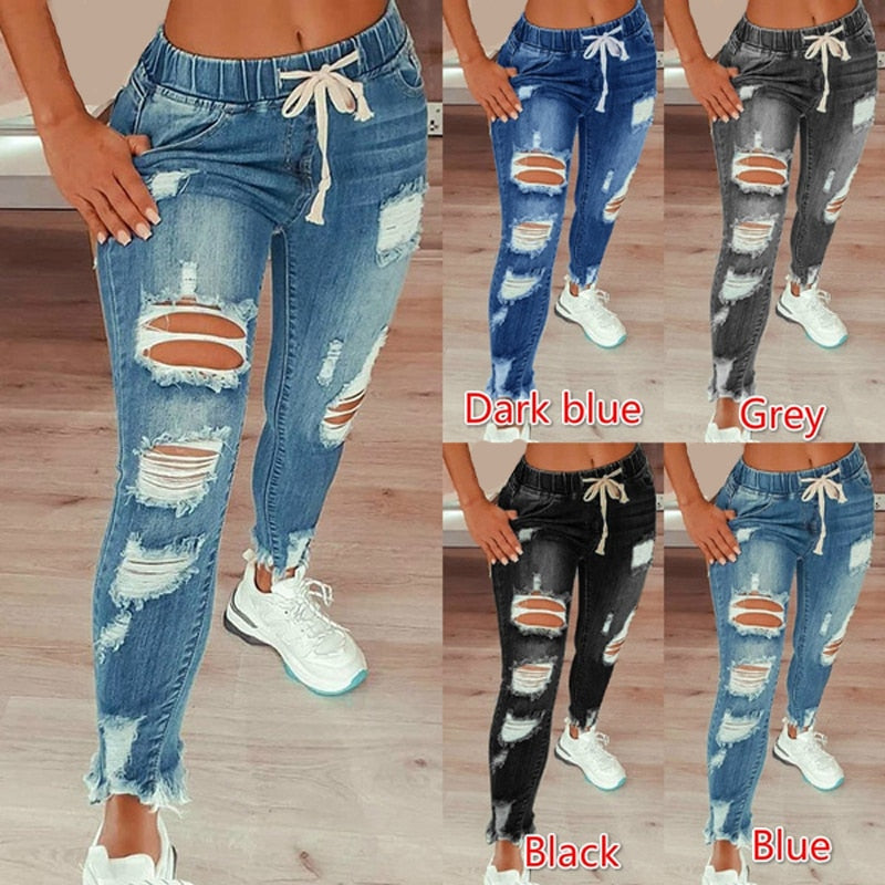 Drawstring Denim Jeans For Women Ripped Hole Stretch Jean Ladies Plus Size Full Length Pencil Pants