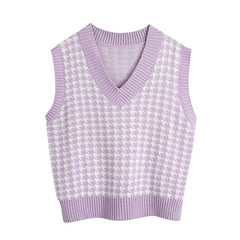 Fashion Women Knitted Vest Pullovers V Neck Sleeveless Houndstooth Knitted Jumper Pullovers Korean Loose Plaid Sweater Vest