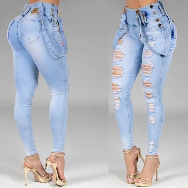 Women Jeans High Waisted Straight Skinny Stretchy Pant Streetwear Ladies Hole Washed Bandage Denim Pencil Pants Trousers