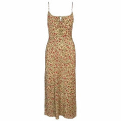 Foridol Strap Sleeveless Print Boho Summer Dress Long Women Green Floral Yellow Dresses Sundress Vintage French Style Dress
