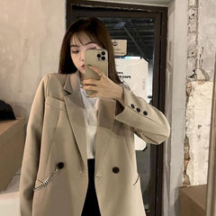 New Suit Jacket Women's Trendy Dark Black  Retro Loose And Thin Fried Street Suit Jacket Women Spring And Autumn Loose A