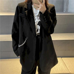 New Suit Jacket Women's Trendy Dark Black  Retro Loose And Thin Fried Street Suit Jacket Women Spring And Autumn Loose A